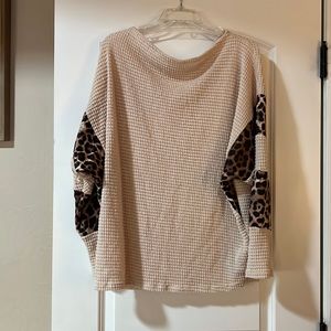 Cowl Neck Cheetah & Oatmeal Lightweight Sweater XL
